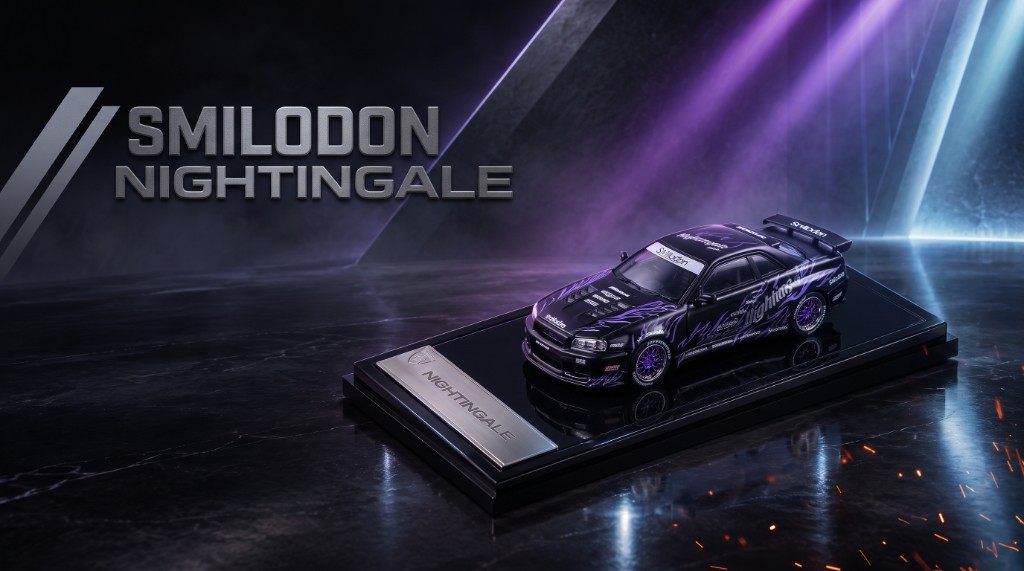 Black Smilodon Nightingale with purple livery on a black plinth