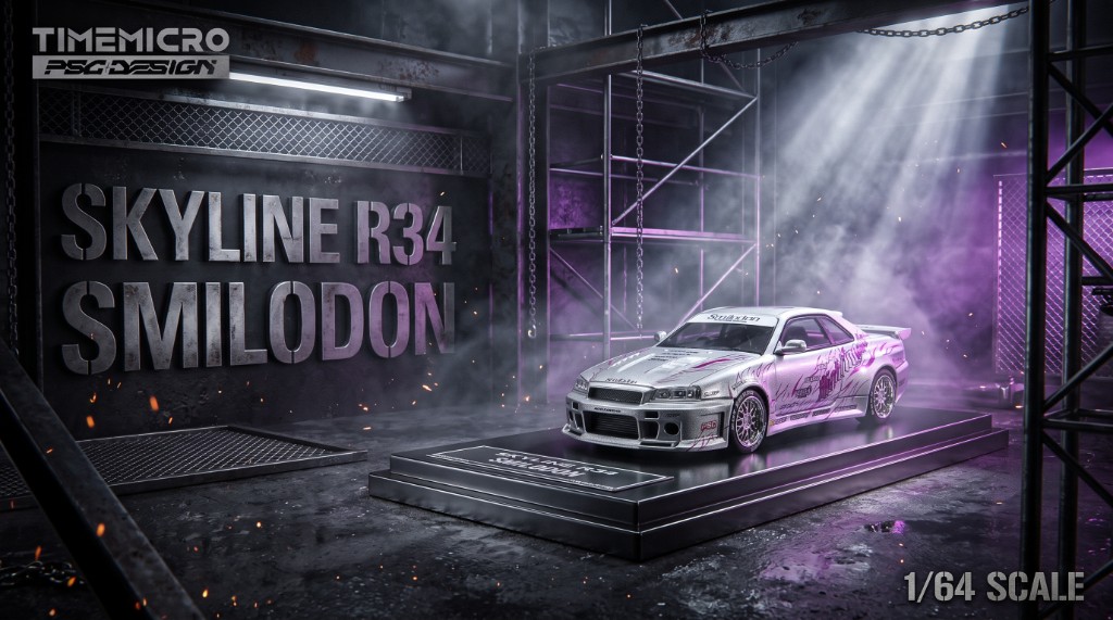 Silver Skyline R34 Smilodon on a plinth in a purple-lit workshop